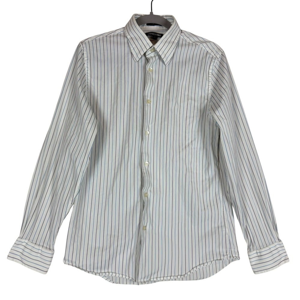 Express 1MX Dress Shirt Mens Medium 15-15.5 White Stripe Regular Stretch Cotton